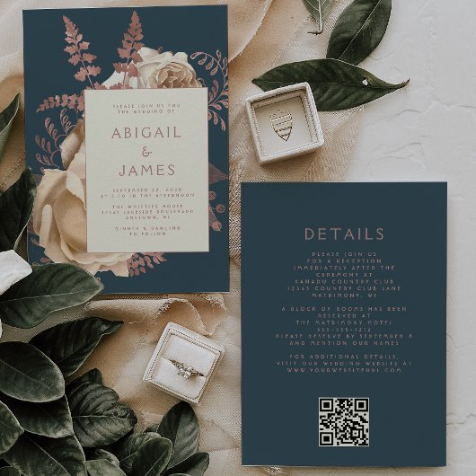 Bloemige Ivoren Roze Gouden Teal QR Code Bruiloft Kaart