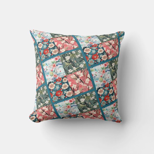 Bloemige Japanse Patchwork Levendig Huisaccent Kussen (Voorkant)