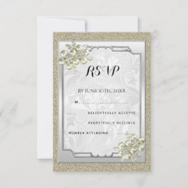 Bloemige Juweel Omlijst, Goud & Zilver Huwelijks R RSVP Kaartje