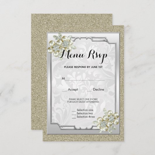 Bloemige juweel omlijst, gouden en zilveren bruilo RSVP kaartje (Voorkant / Achterkant)