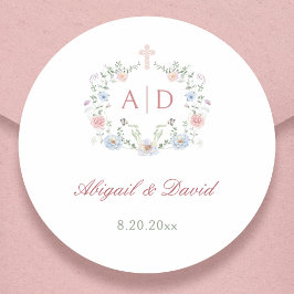 Bloemige kader religieuze huwelijksmonogrammen ronde sticker