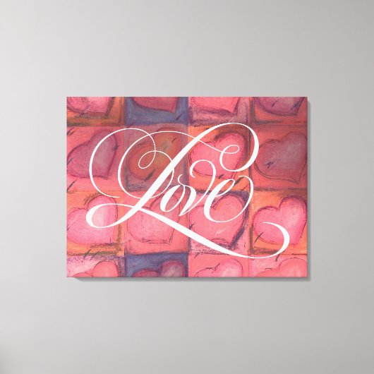bloemige kalligrafie met liefdesroze harten canvas afdruk (Voorkant)