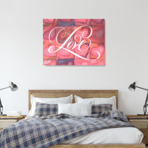 bloemige kalligrafie met liefdesroze harten canvas afdruk