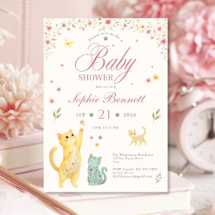 Bloemige katten babyshower uitnodiging voor meisje