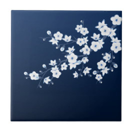 Bloemige Kersenbloesem Navyblauw Wit Tegeltje