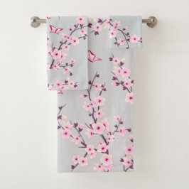 Bloemige Kersenbloesem Roze Grijs Bad Handdoek