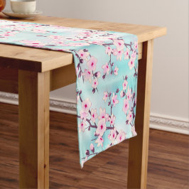Bloemige Kersenbloesem Roze Turquoise Korte Tafelloper