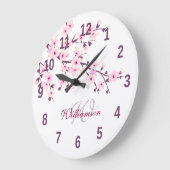 Bloemige Kersenbloesem Roze Wit Monogram Naam Grote Klok (Hoek)