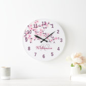Bloemige Kersenbloesem Roze Wit Monogram Naam Grote Klok (Huis)