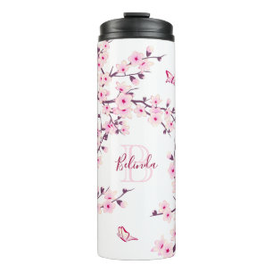Bloemige Kersenbloesem Roze Wit Naam Monogram Thermosbeker