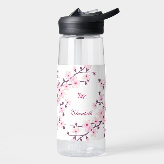Bloemige Kersenbloesem | Roze Witte Monogram Waterfles (Links)