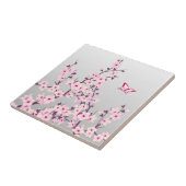Bloemige Kersenbloesem Vlinder Roze Grijs Tegeltje (Zijkant)