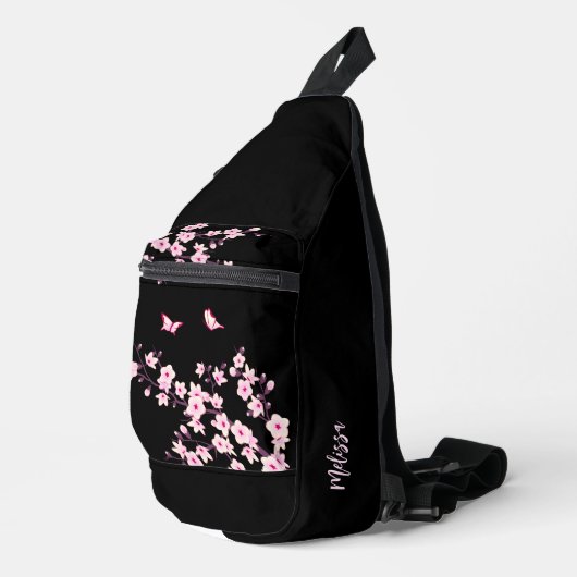 Bloemige Kersenbloesem Zwart Roze Monogram Sling Bag (Rechterhoek)