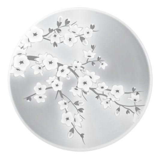 Bloemige Kersenbloesems Wit Zilver Keramische Knop (Voorkant)