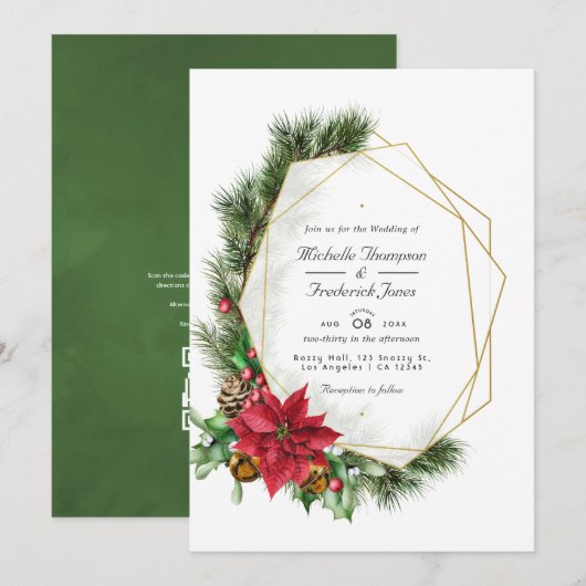 Bloemige Kerst Geometrische QR Code RSVP Bruiloft Kaart (Voorkant / Achterkant)