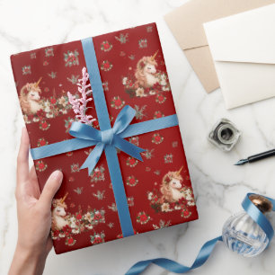 Bloemige Kerst Unicorn Rode Meisjes Cadeauverpakki Cadeaupapier