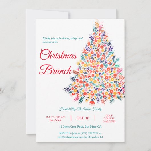 Bloemige Kerstboom Familie Brunch Uitnodiging (Voorkant)