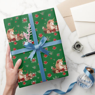 Bloemige Kerstman Eenhoorn Groen Meisje Inpakpapie Cadeaupapier