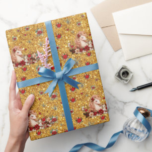 Bloemige Kerstmis Eenhoorn Gouden Meisje Inpakpapi Cadeaupapier