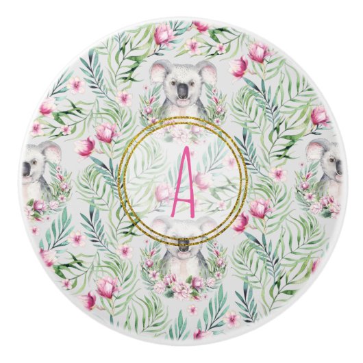 Bloemige KOALA BEER Monogram Meisjes Slaapkamer Ba Keramische Knop (Voorkant)