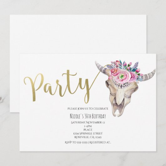Bloemige Koeien schedel Goud Boho FEest Uitnodigin Kaart (Voorkant / Achterkant)