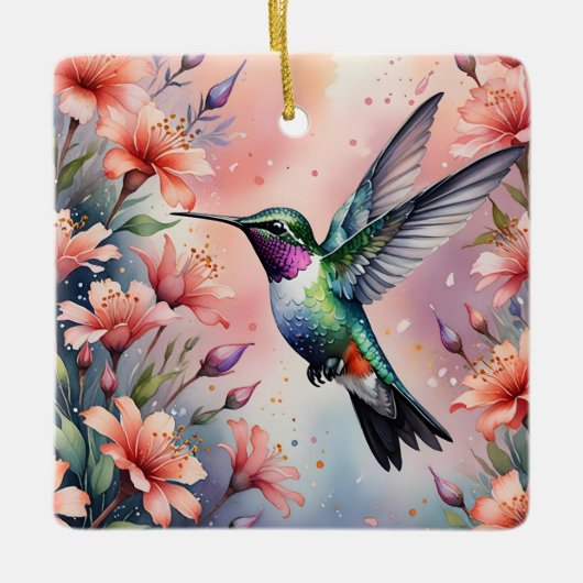 bloemige kolibrie versiering keramisch ornament (Voorkant)