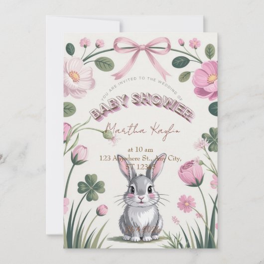 Bloemige Konijn Baby Shower Uitnodiging (Voorkant)