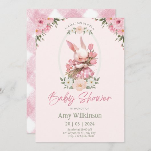 Bloemige Konijn Baby Shower Uitnodiging Preppy  (Voorkant / Achterkant)