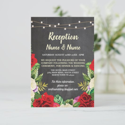 Bloemige Krijt Rustieke Trouwreceptie Rode Rozen Kaart (Staand voorkant)