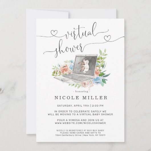 Bloemige Laptop | Virtuele Baby Shower Uitnodiging (Voorkant)