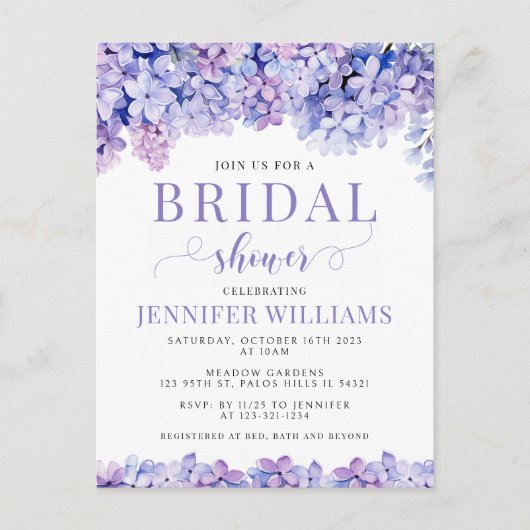 Bloemige lavendel bruidsfeest uitnodigingskaart briefkaart (Voorkant)
