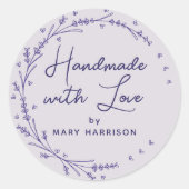 Bloemige lavendel harten krans handgemaakt ronde sticker (Voorkant)