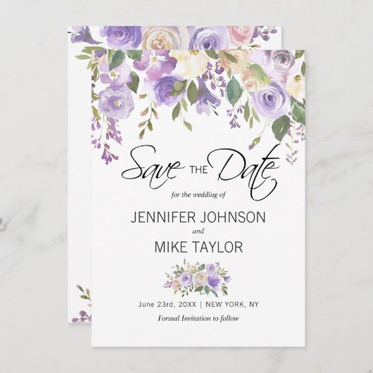 Bloemige lavendel paarse seringen bloemen bruiloft save the date (Voorkant / Achterkant)