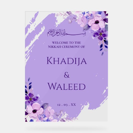Bloemige lavendel sering moslim Nikkah welkomstbor Acryl Bord (Voorkant)
