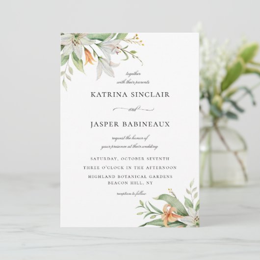 Bloemige Lelie Bruiloft Kaart (Staand voorkant)