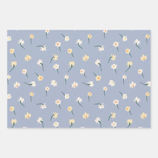 Bloemige Lentebloem Narcis | Blauw en Grijs Inpakpapier Vel (Voorkant 2)