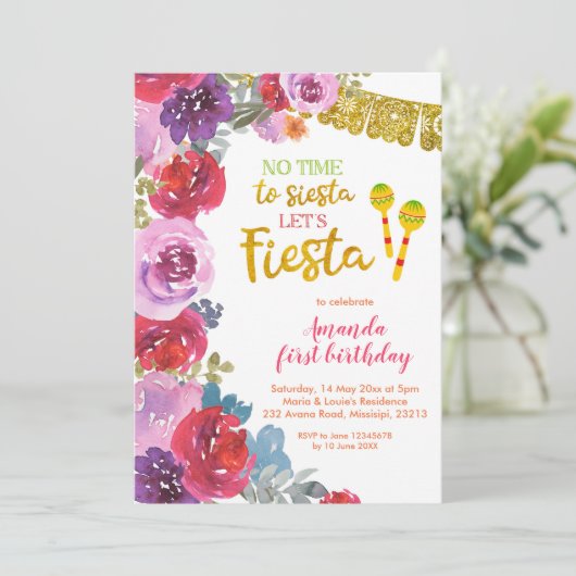 Bloemige 'Let's Fiesta' uitnodiging voor eerste ve (Staand voorkant)