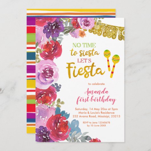Bloemige 'Let's Fiesta' uitnodiging voor eerste ve (Voorkant / Achterkant)