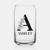 Bloemige Letter A Monogram en Gepersonaliseerde Na Blikvorm Glas (Voorkant)