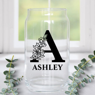 Bloemige Letter A Monogram en Gepersonaliseerde Na Blikvorm Glas