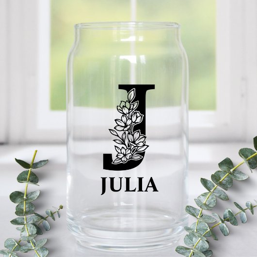 Bloemige Letter J Monogram en Gepersonaliseerde Na Blikvorm Glas
