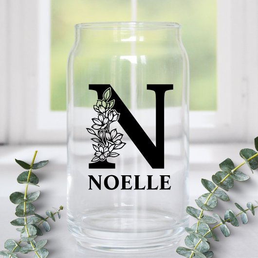 Bloemige Letter N Monogram en Gepersonaliseerde Na Blikvorm Glas