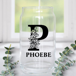 Bloemige Letter P Monogram en Gepersonaliseerde Na Blikvorm Glas