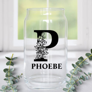 Bloemige Letter P Monogram en Gepersonaliseerde Na Blikvorm Glas