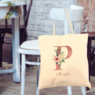 Bloemige Letter P Waterverf Roze en Ivoor Boeket Tote Bag