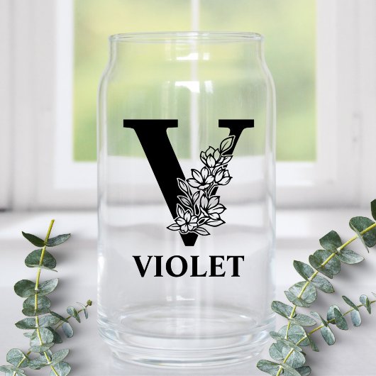 Bloemige Letter V Monogram en Gepersonaliseerde Na Blikvorm Glas