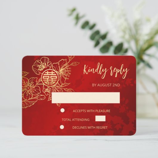 Bloemige lijnkunst Chinese trouw-RSVP Kaart (Staand voorkant)