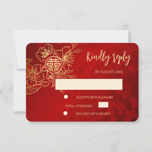 Bloemige lijnkunst Chinese trouw-RSVP Kaart (Voorkant)