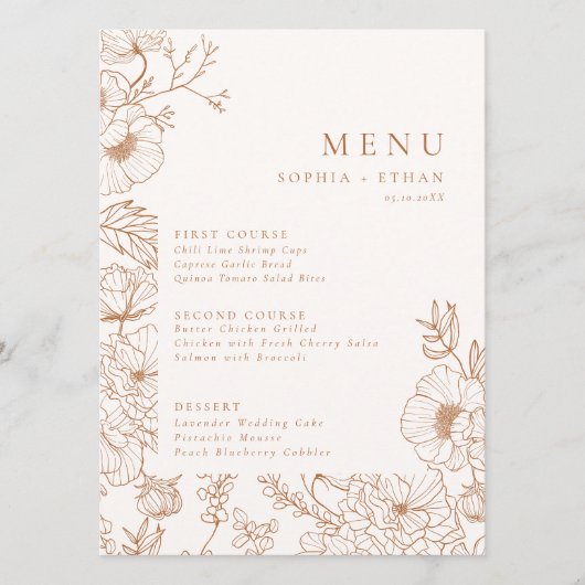 Bloemige lijnkunst terracotta bruiloft menu (Voorkant)