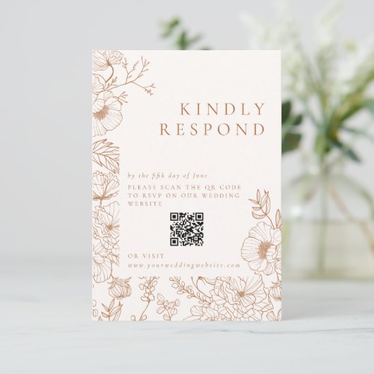 Bloemige Lijnkunst Terracotta Bruiloft RSVP Kaartje (Staand voorkant)